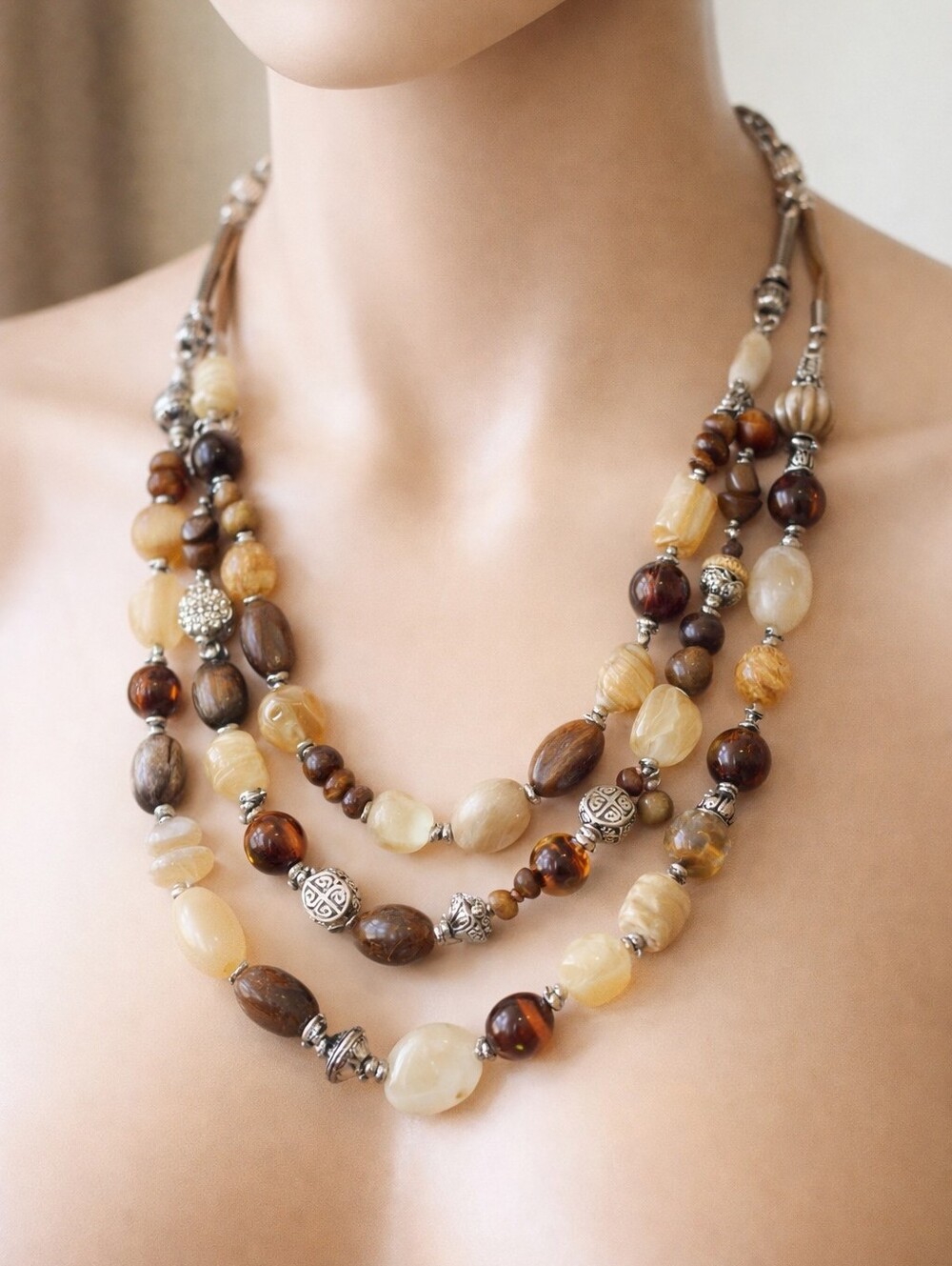 Multi-Strand Brown & Cream Bead Necklace on Brown Cord – Women Statement Jewelry